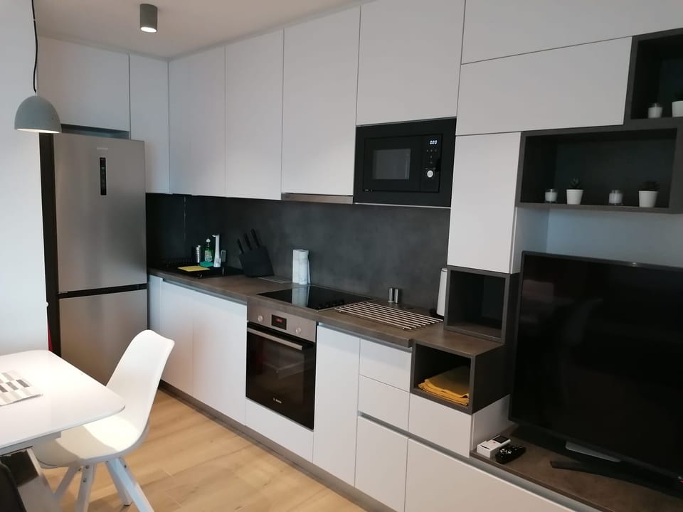 Potpuno opremljena kuhinja s pećnicom, mikrovalnom, pločom i hladnjakom — Eva Apartman, Kućište